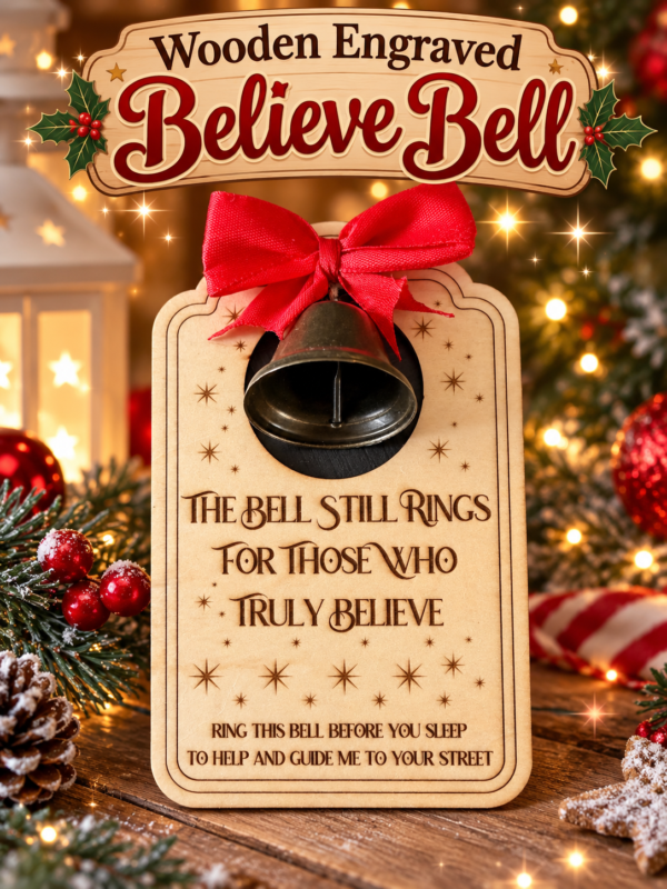 E79DF836-D5E9-49E4-B213-D2EB0BC5780D Wooden Engraved Christmas Believe Bell