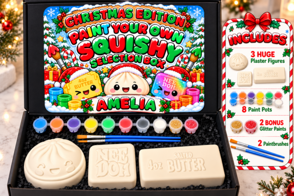 0C67693B-643E-4591-9A1B-51629C03A8F2 Personalised Christmas Paint Your Own Squishy Selection Box, 3 Large Figures PLUS Bonus Paints