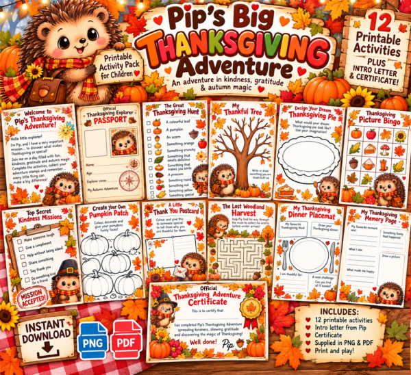 Pips Adventure Website Adventure Editable Pip's Big Thanksgiving Adventure, Digital Download Activity Pack